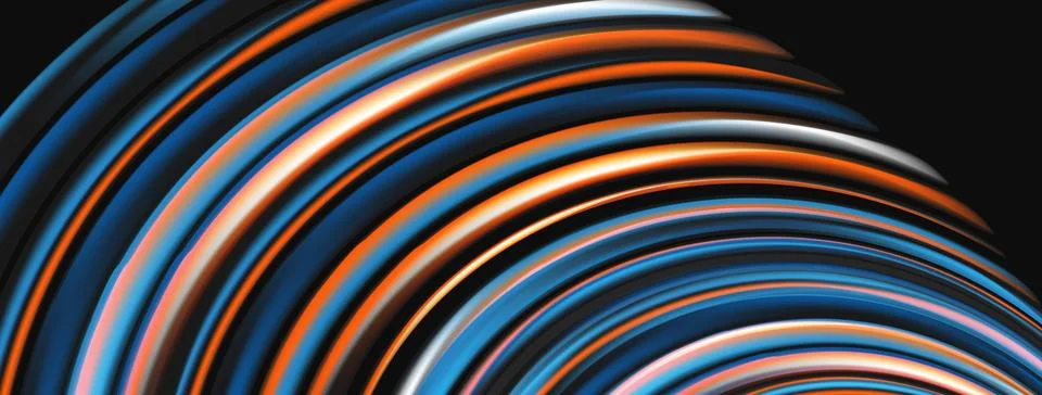 Abstract lines form curved shape. Blue, orange hues dominate dark background. Illustrazione stock