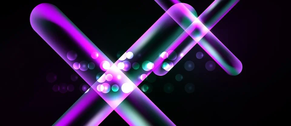 Abstract lines intersect, glowing circles create dynamic light effects. Purpl イラスト素材