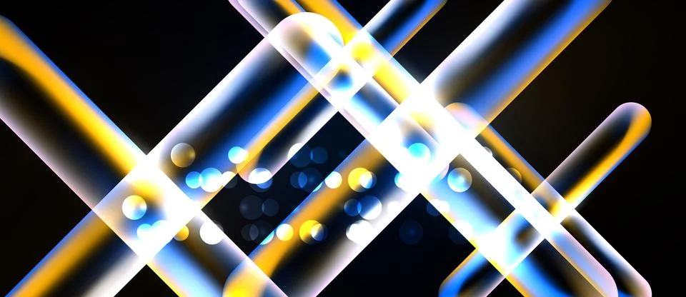Abstract lines intersect, glowing yellow, blue, white. Dark background create Stock Illustration