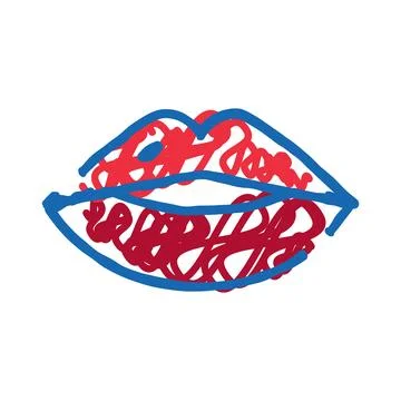 Abstract lips drawing with red and blue scribbles Stock Illustration