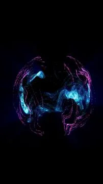 Abstract liquid-like form with neon blue and pink glow on a dark digital ba.. Illustrazione stock