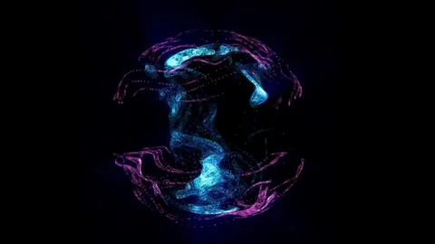 Abstract liquid-like form with neon blue and pink glow on a dark digital back Illustrazione stock