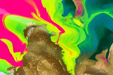 Abstract liquid ink gradient pattern with gold dust. Fluorescent liquid bright Illustrazione stock