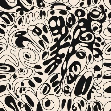 Abstract Liquid Line Art Seamless Pattern Black and White Stock Illustration