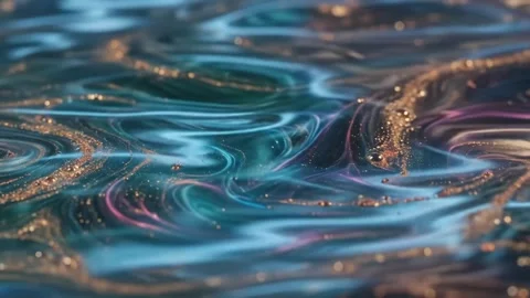 Abstract Liquid Marble, Glowing Blue Purple Fluid Waves, Gold Sparkle Particles Stock Footage 345831082