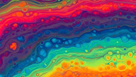 Abstract liquid paint background with vibrant colorful waves and oil bubble.. Stock Photos