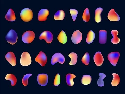 Abstract liquid shapes, organic elements set. 3d fluid gradient rounds, hologram Stock Illustration