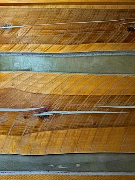 Abstract Log Cabin Inside Wall with Chinking and Saw Marks Stock-Fotos