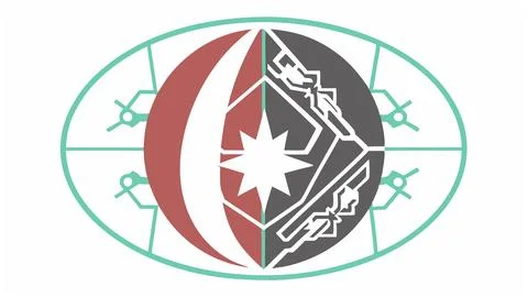 Abstract logo design featuring a stylized star crescent moon and geometric Stock Illustration