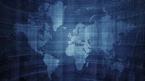 Abstract loopable digital world map overlaid on a futuristic abstract city Stock Footage 339160911
