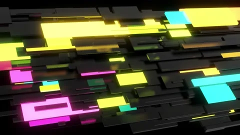 Abstract looped 4k dark background neon cubes light bulbs. Visualisation of Stock Footage 147559313