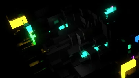 Abstract looped 4k dark background neon cubes light bulbs. Visualisation of Stock Footage 148509022