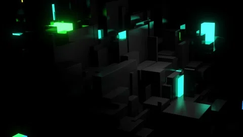 Abstract looped 4k dark background neon cubes light bulbs. Visualisation of Stock Footage 154914249