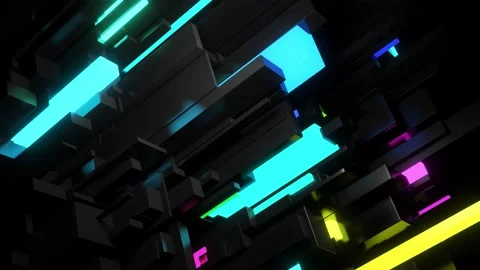 Abstract looped 4k dark background neon cubes light bulbs. Visualisation of Stock Footage 162422893
