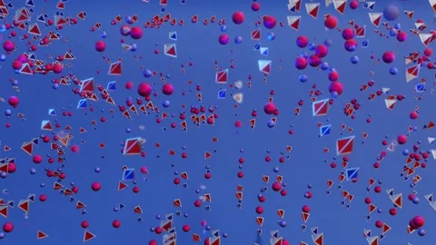 Abstract looped animated background. red and blue spheres and triangles fly on a Video stock 154770465