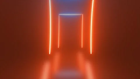 Abstract looping rectangular tunnel neon orange energy glowing from lines b.. Stockbeeldmateriaal 242980780