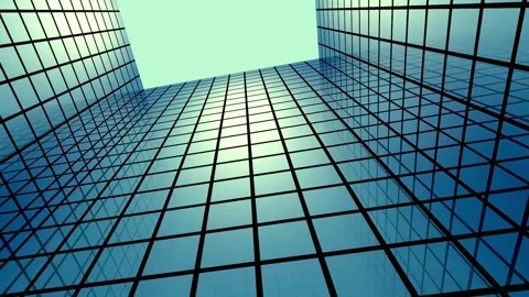 Abstract low angle view of modern glass skyscraper facade against blue sky Stock Footage 341801491