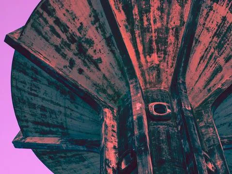 Abstract Low Angle View of Weathered Concrete Water Tower Base with Red Pin.. 스톡 사진