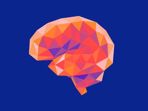 An abstract, low-poly brain 3d rendered in warm orange and pink hues against a Stock Illustration