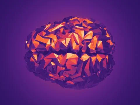 Abstract, low-poly brain 3d rendered in warm orange and pink hues against a cool Stock Illustration