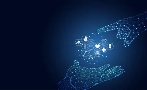 Abstract low poly futuristic wireframe concept hand digital and health icon o Иллюстрация