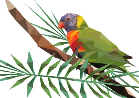 Abstract Low Poly Parrot, Rainbow lorikeet on Branch - Vector Illustration 스톡 일러스트