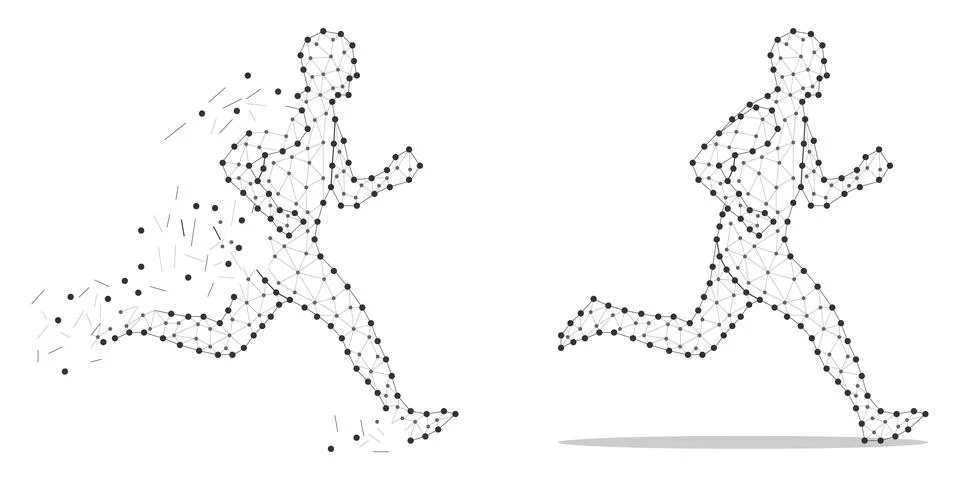 Abstract low poly technology wireframe dots and lines silhouette of running. Illustrazione stock