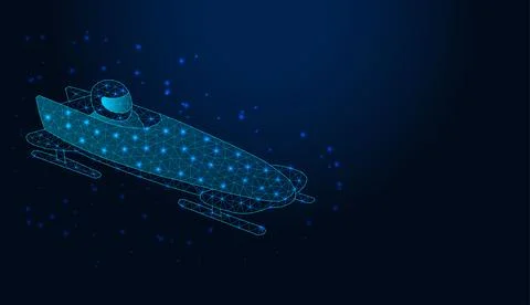 Abstract low poly wireframe bobsleigh with athlete on dark blue background. 库存插图
