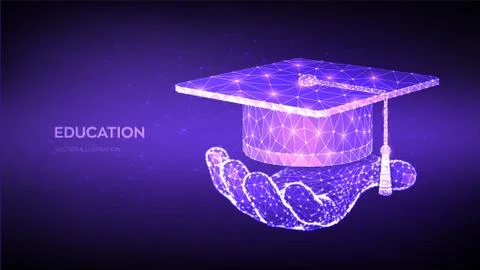 Abstract Low Polygonal Graduation cap. Student hat in hand. E-learning concep Stock Illustration