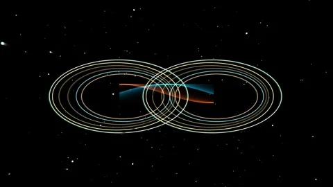 Abstract luminous interconnected elliptical orbits creating a figure eight Stock Footage 347671821