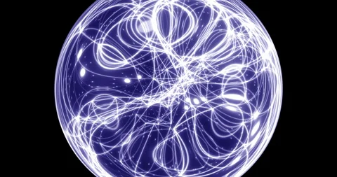 An abstract luminous sphere demonstrates the dynamic motion of particles. Video stock 332625831