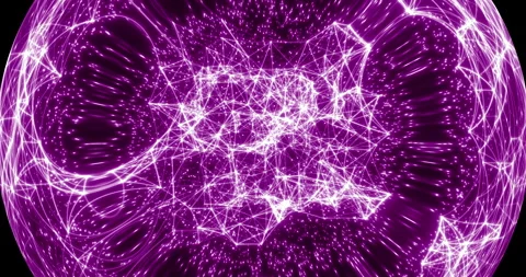 An abstract luminous sphere demonstrates the dynamic motion of particles. Video stock 332625898