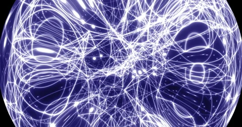 An abstract luminous sphere demonstrates the dynamic motion of particles. Video stock 332626371