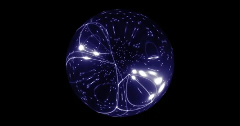 An abstract luminous sphere demonstrates the dynamic motion of particles. Video stock 332765272