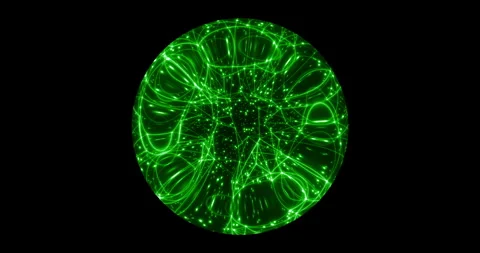 An abstract luminous sphere demonstrates the dynamic motion of particles. Video stock 332772419