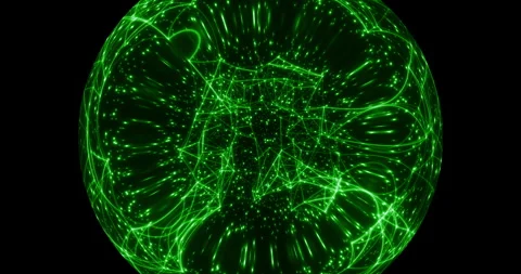 An abstract luminous sphere demonstrates the dynamic motion of particles. Stock-Footage 332774798