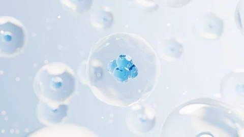 Abstract macro 3D animation of transparent cell with small blue molecules i.. Stock-Footage 327343127