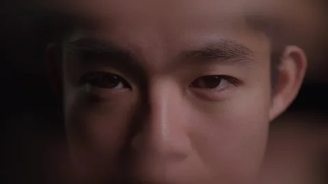 Abstract Macro Close-up Portrait of Handsome Male Model Looking up Under Studio Vídeo Stock 270302272