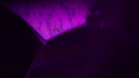 Abstract macro of purple liquid reaction inside a dark cubic container Stock Footage 325000958