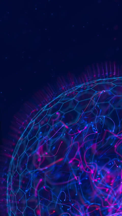 Abstract macro of quantum computing qubit sphere with a neon hexagonal wireframe Stockbeeldmateriaal 347318239