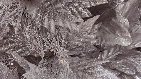 Abstract macro of silver glittery mesh fabric. Frozen lace Christmas decora.. Foto stock