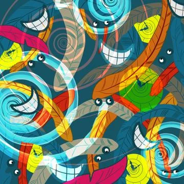 Abstract madness and time rush background with clocks , eyes, feathers and sp Stock Illustration