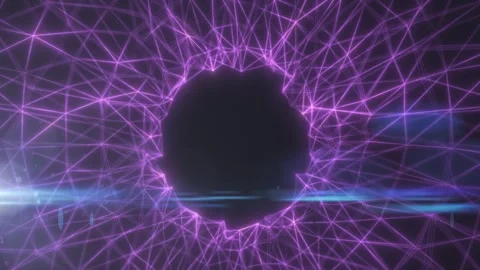 Abstract magenta digital mesh creates a glowing portal with dark copy space.. Stock Footage 338358822