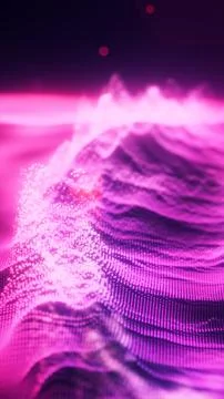 Abstract magenta digital wave with glowing particles and mesh terrain, repr.. Stock Illustration
