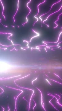 Abstract magenta neon lightning lines reflected across a glowing horizon, c.. Stock Illustration