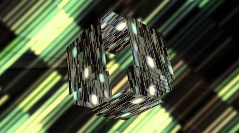 Abstract magic glowing cube with moving sides with digital glowing tiles. Motion Illustrazione stock