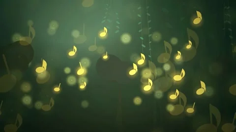 Abstract magical golden musical notes floating in a dark enchanted forest with Stock Footage 343859073