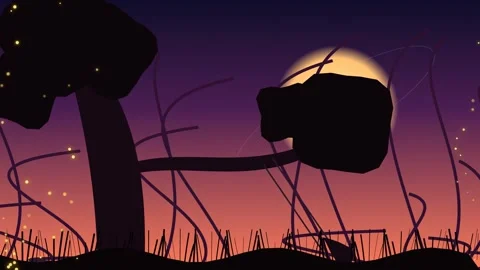 Abstract Magical Sunset Forest Silhouette with Glowing Fireflies Stock Footage 333496577