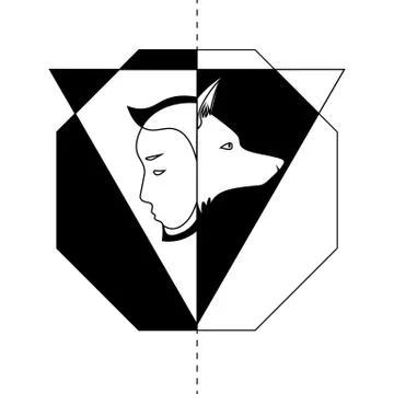 Abstract man and wolf or dog profiles in black and white polygons Stock Illustration