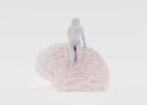 Abstract man sits on a large brain model, a person with a headache Illustrazione stock